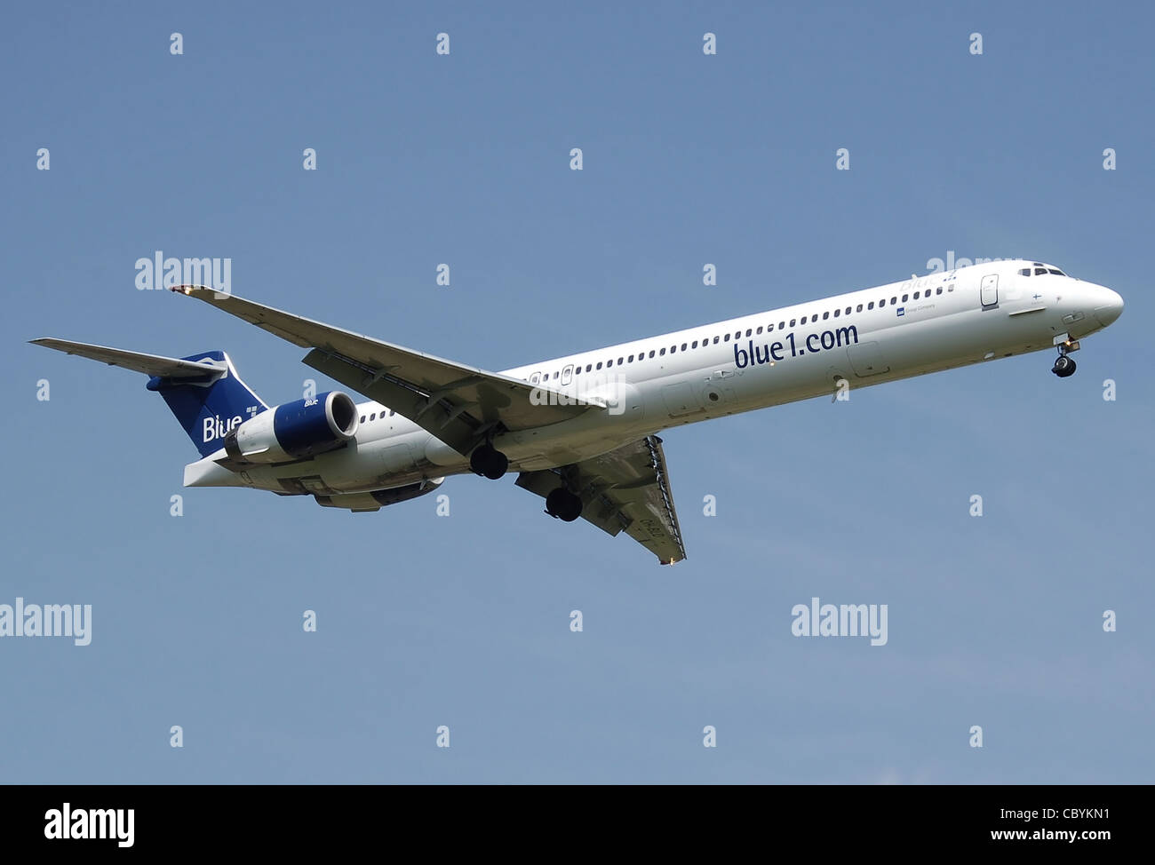 Blue1 MD-90 landing at London Heathrow Airport Stock Photo
