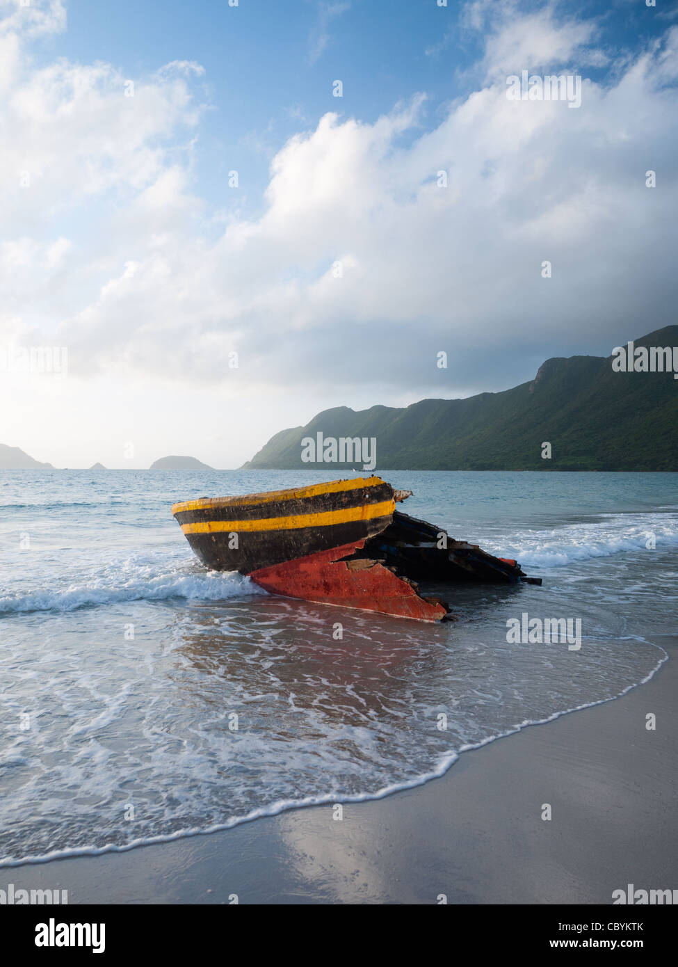 Shipwreck washed ashore on An Hai Beach in the Con Dao Islands, Vietnam. Stock Photo