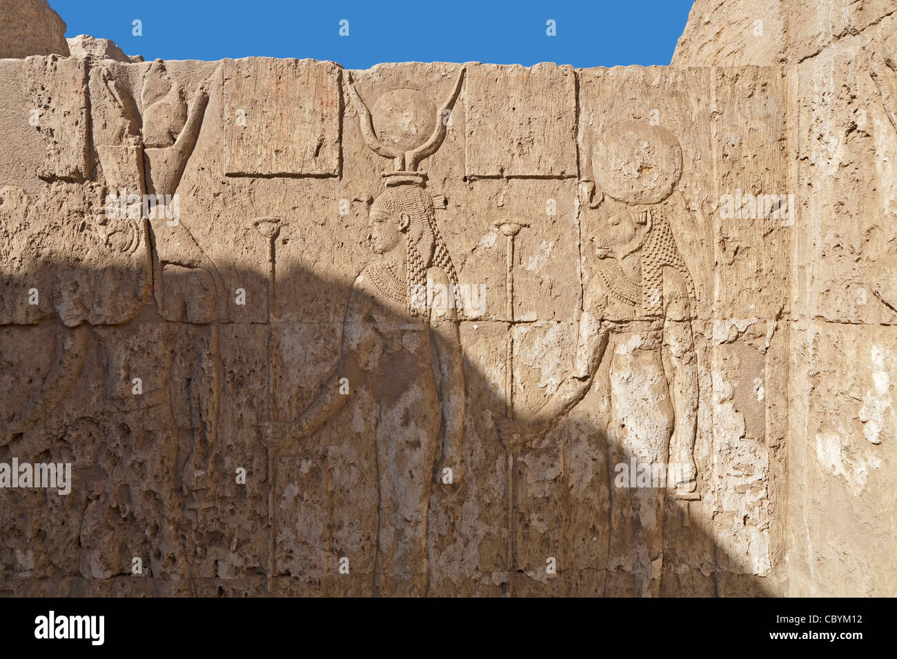 Close up of relief work and decoration in the Ptolemaic Temple at Wanina, southwest of Akhmim in the Governorate of Sohag, Midd Stock Photo