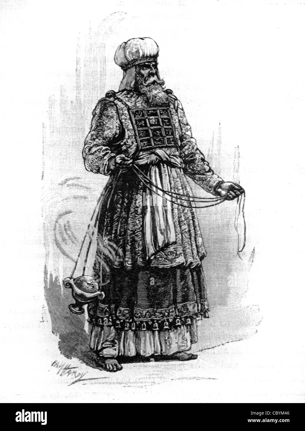 Jewish HIgh Priest wearing Sacred Costume of Vestments including an Ephod & Swinging Incense, Israel, c19th Engraving or Vintage Illustration Stock Photo