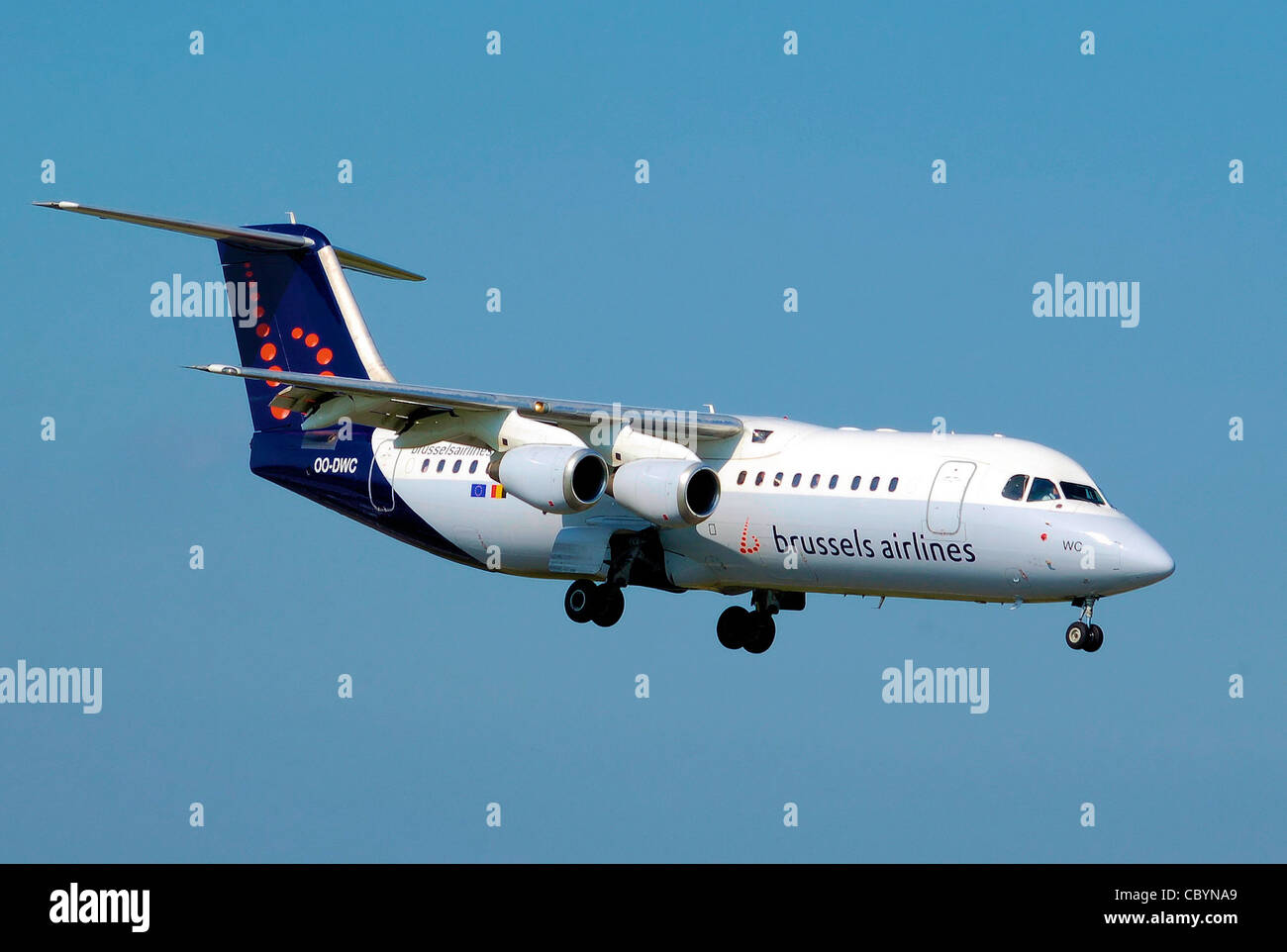 Brussels Airlines BAe Avro RJ-100 (OO-DWC) lands at Bristol International Airport, England. Stock Photo