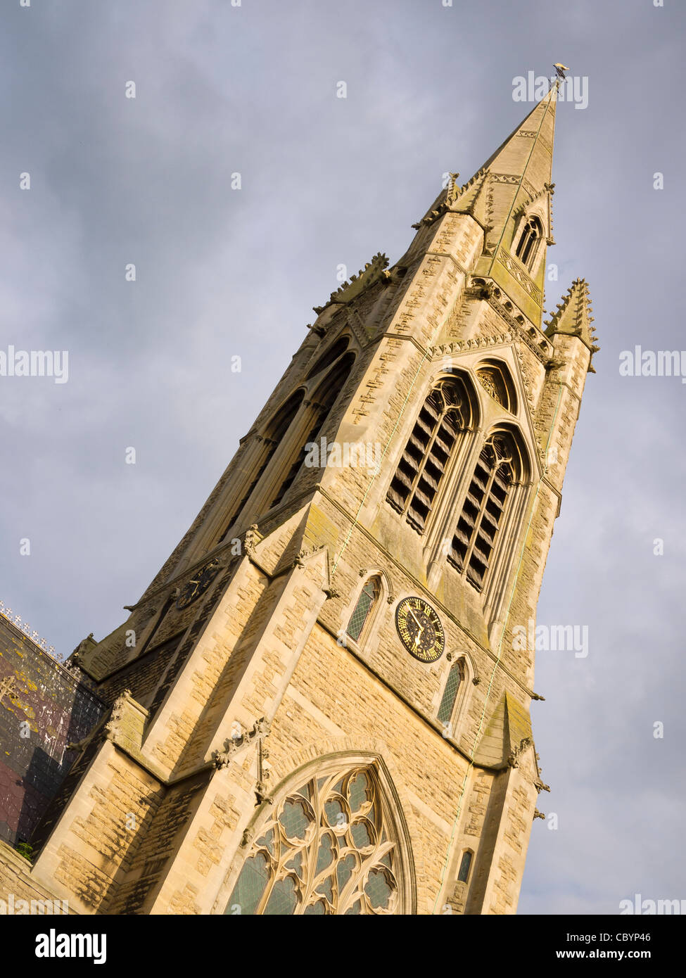 The tower and spire of St. John the Evangelist Catholic Church (1861) in Bath, Somerset, England, UK, seen from South Parade. Stock Photo