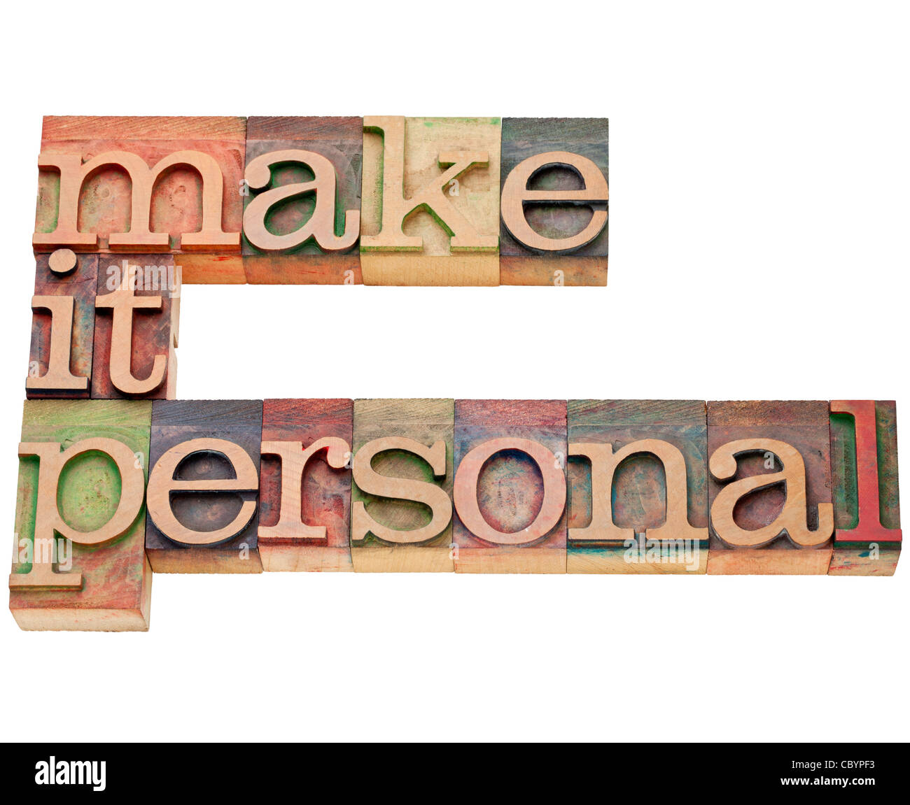 make it personal motivation - isolated text in vintage wood letterpress type, stained by color inks Stock Photo