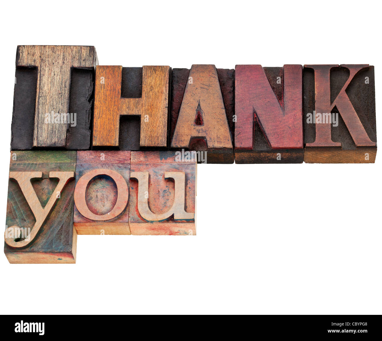 thank you - isolated text in vintage wood letterpress printing blocks stained by color inks Stock Photo