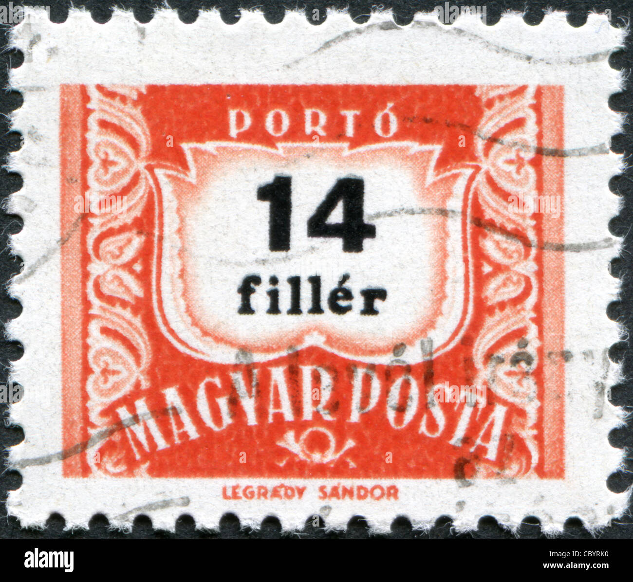 HUNGARY - CIRCA 1958: A stamp printed in Hungary, is depicted porto-mark, a shield, face value 14 filler, circa 1958 Stock Photo