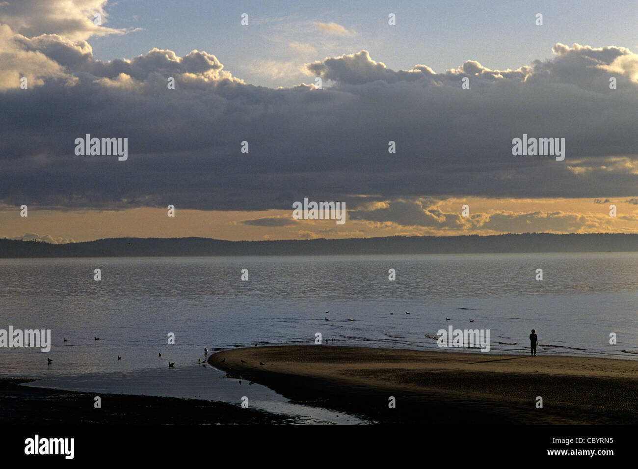Low tide at Alki in West Seattle at sunset with silhouetted woman