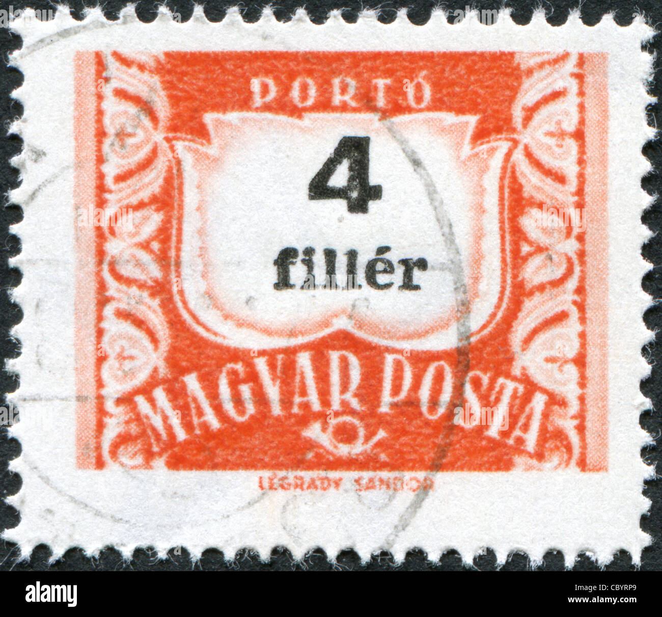 HUNGARY - CIRCA 1958: A stamp printed in Hungary, is depicted porto-mark, a shield, face value 4 filler, circa 1958 Stock Photo