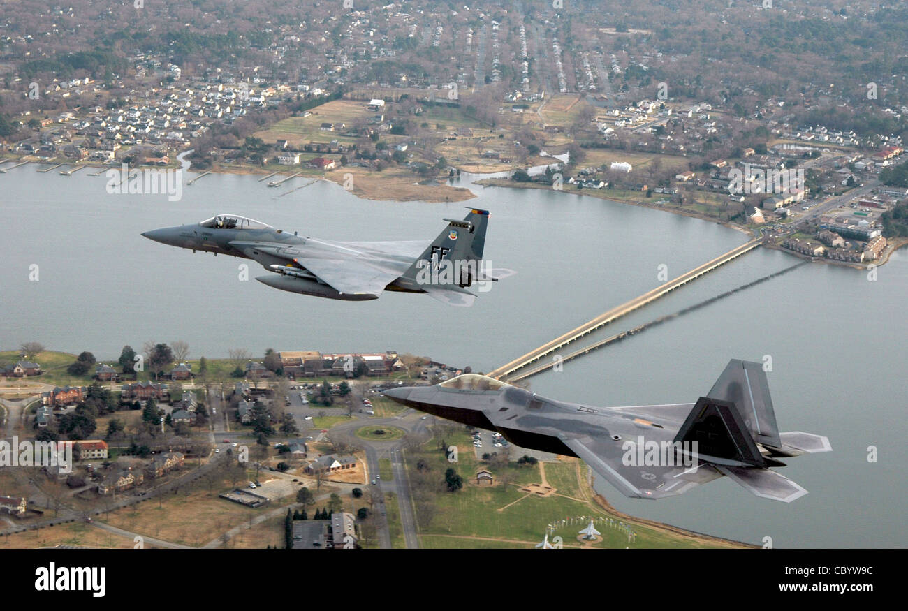 LANGLEY AIR FORCE BASE, Va. An F22 Raptor and an F15 Eagle fly