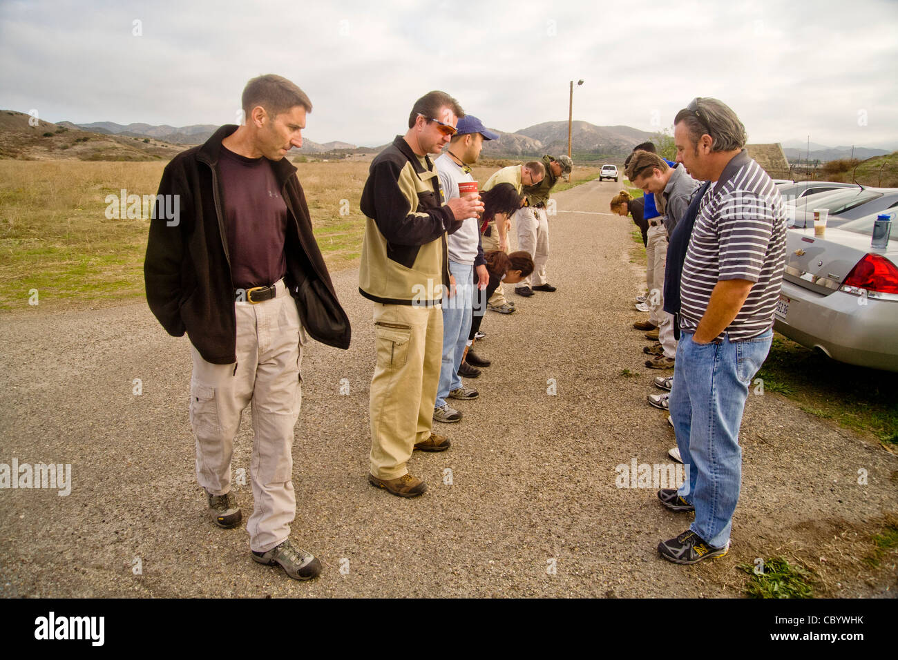 Law enforcement agents line up at a Southern California outdoor training facility. MODEL RELEASE Stock Photo