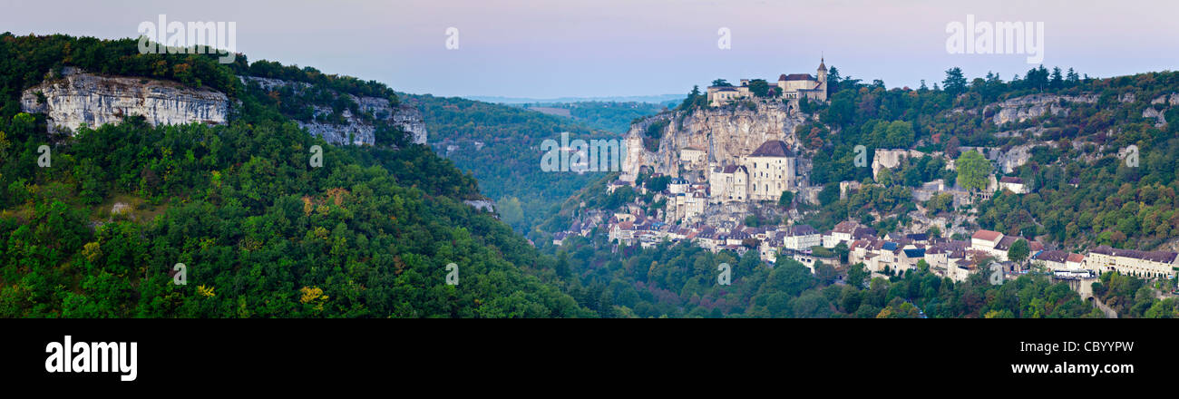 Panorama of dawn light at the medieval town of Rocamadour, in the Dordogne Valley, Midi-Pyrenees, France. Stock Photo