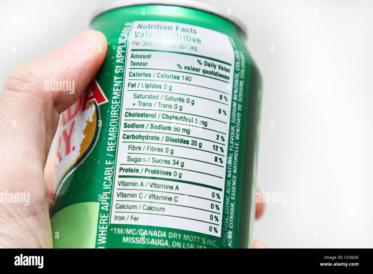 nutrition content label soft drink canada dry Stock Photo