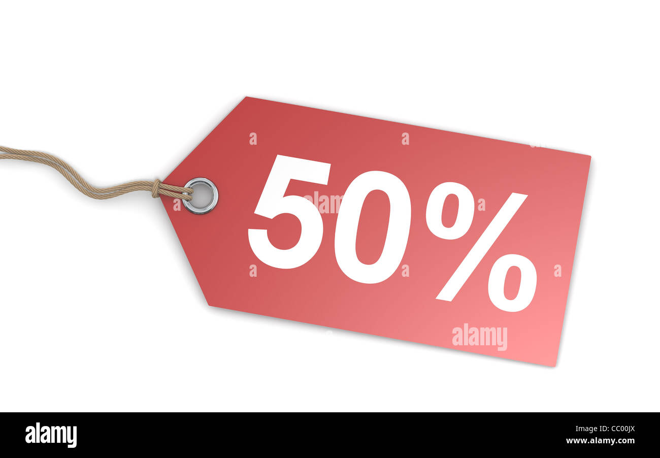 Red Price Tag with 50 percent printed Stock Photo - Alamy