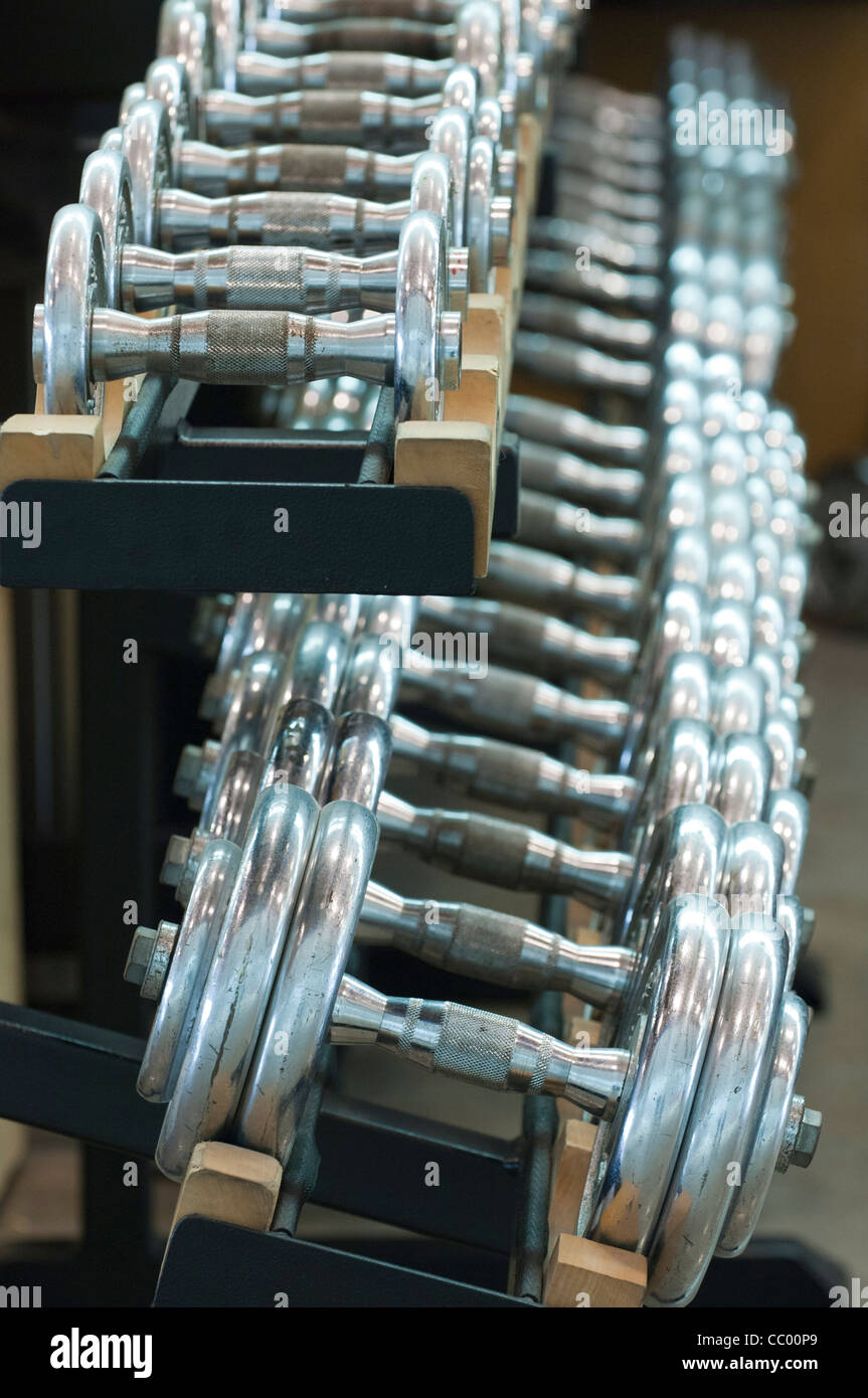 A line of dumb bell weights on a rack in a Gym Stock Photo