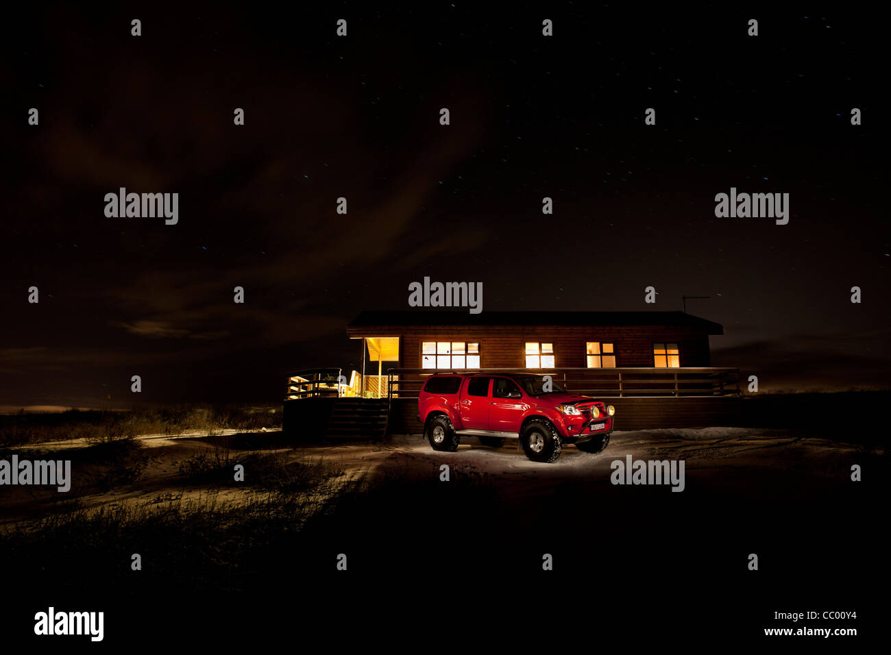 Summer house and modified Toyota Hilux truck, in Grimsnes, Iceland Stock Photo