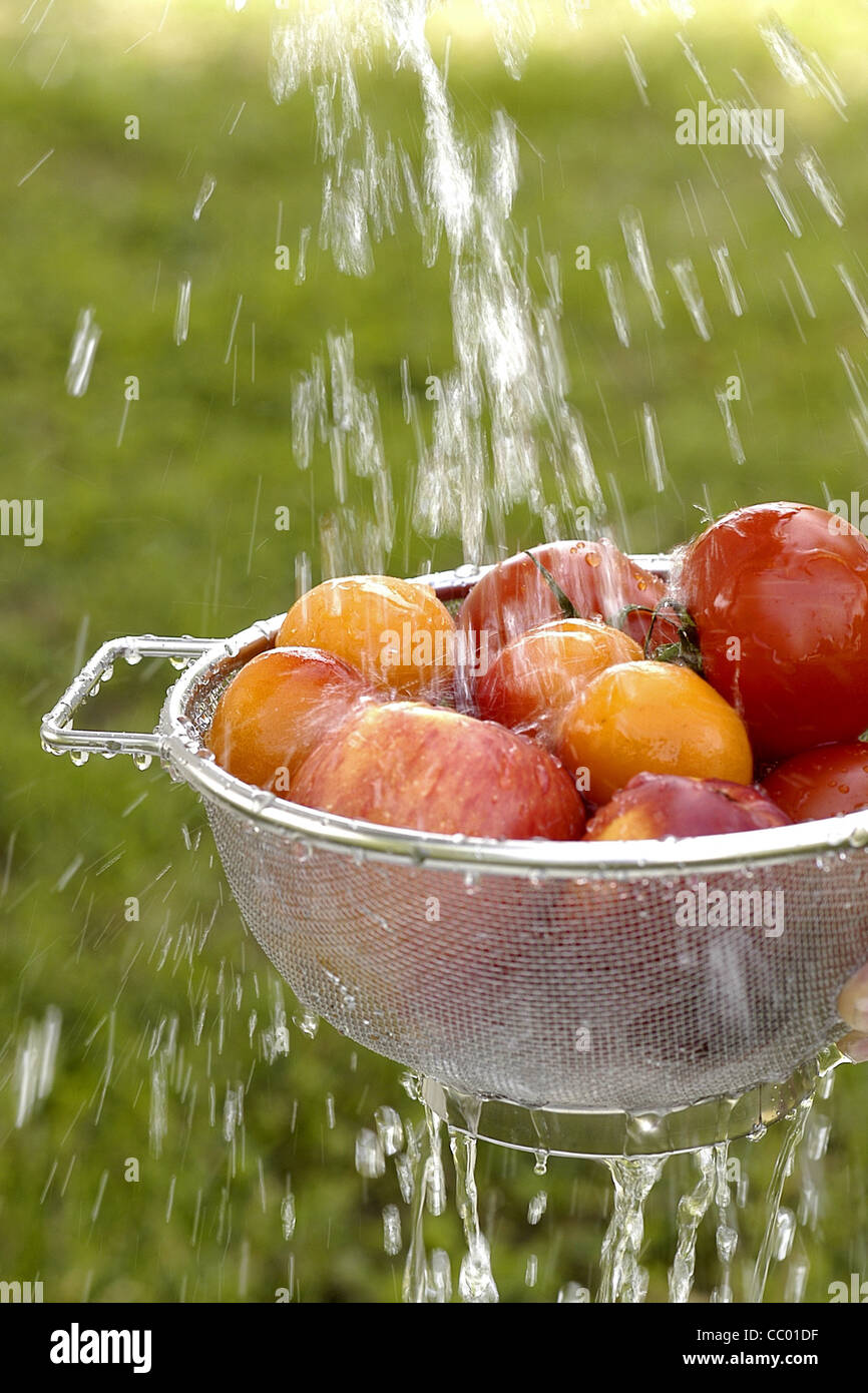 WASHING FRUIT AND VEGETABLES IN COLANDER UNDER A SPRAY OF WATER Stock