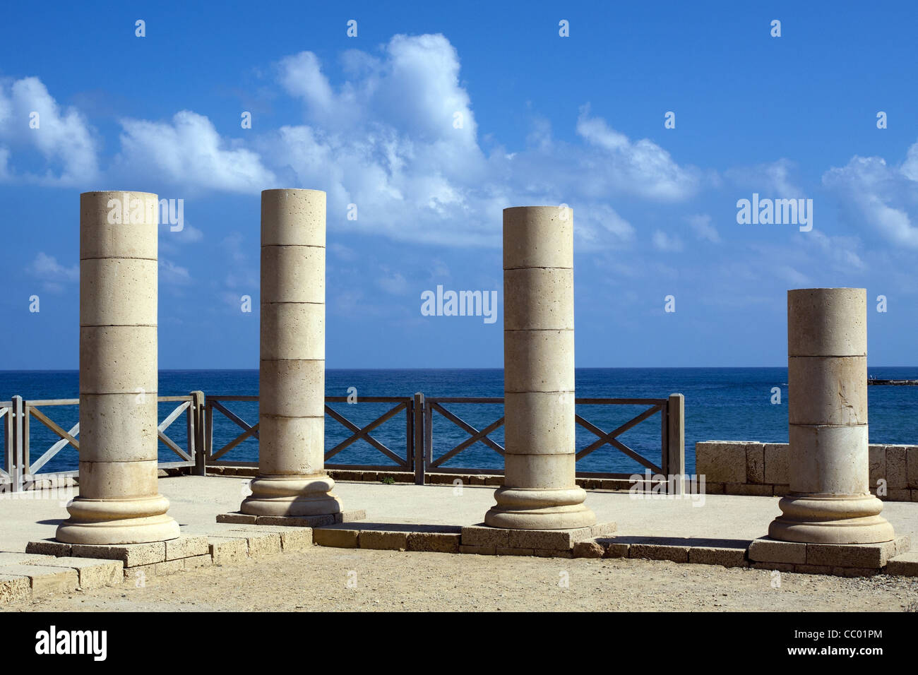 RUINS OF ROMAN COLUMNS, ARCHAEOLOGICAL SITE OF THE ANCIENT CITY OF CAESAREA, ISRAEL Stock Photo