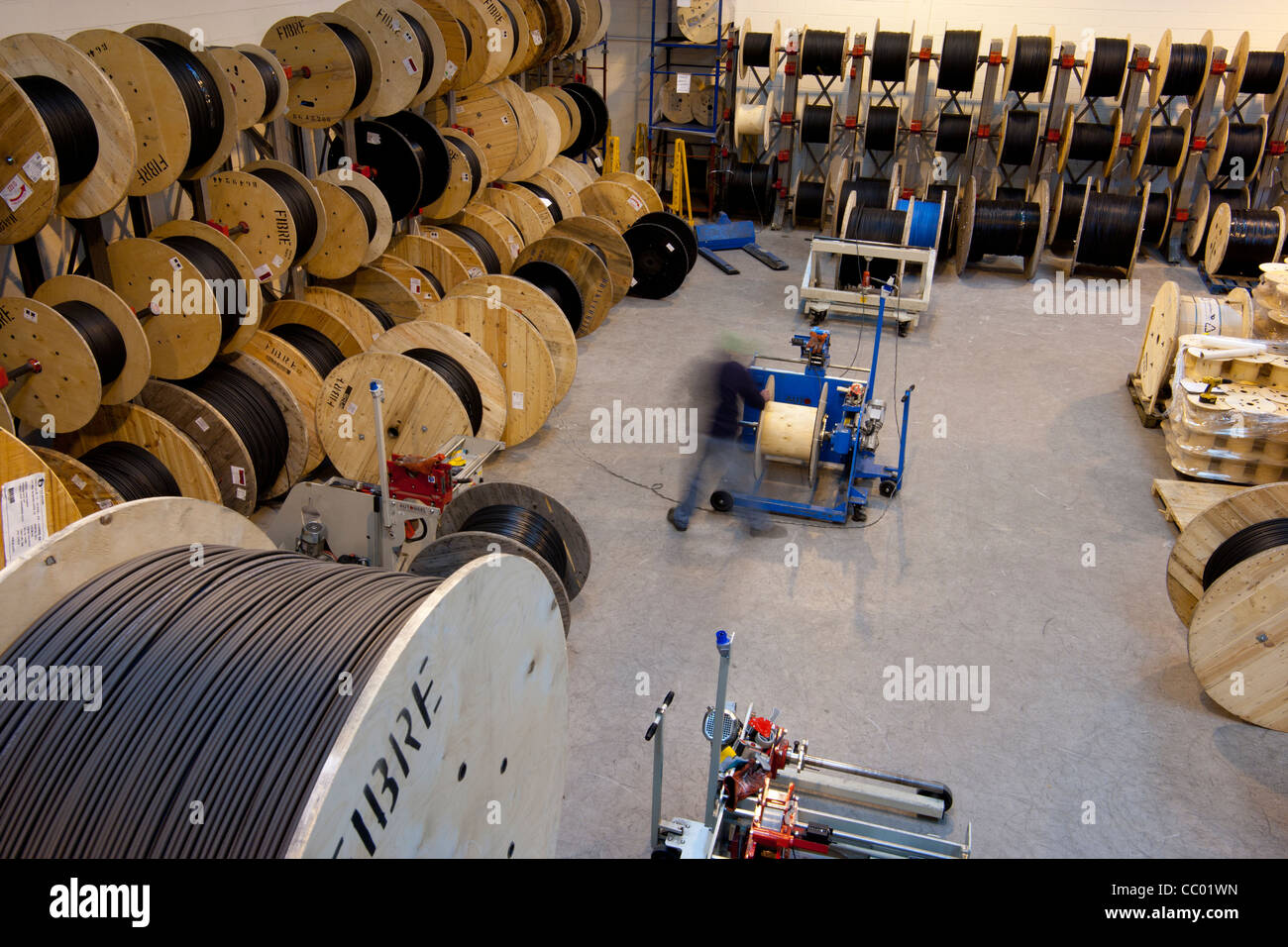 Warehouse display of different types of fibre optic cabling for
