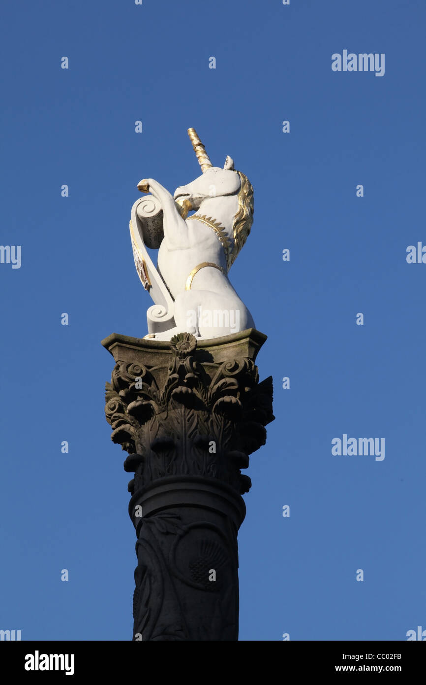 White unicorn statue on top of the Mercat Cross in Aberdeen city centre, Scotland, UK Stock Photo