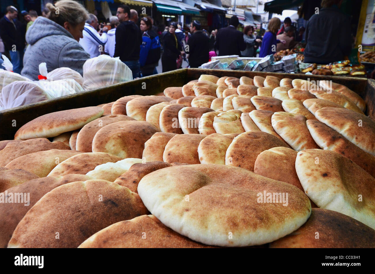 Basket of pita bread in Mahane Yehuda Market Jerusalem, Israel Stock