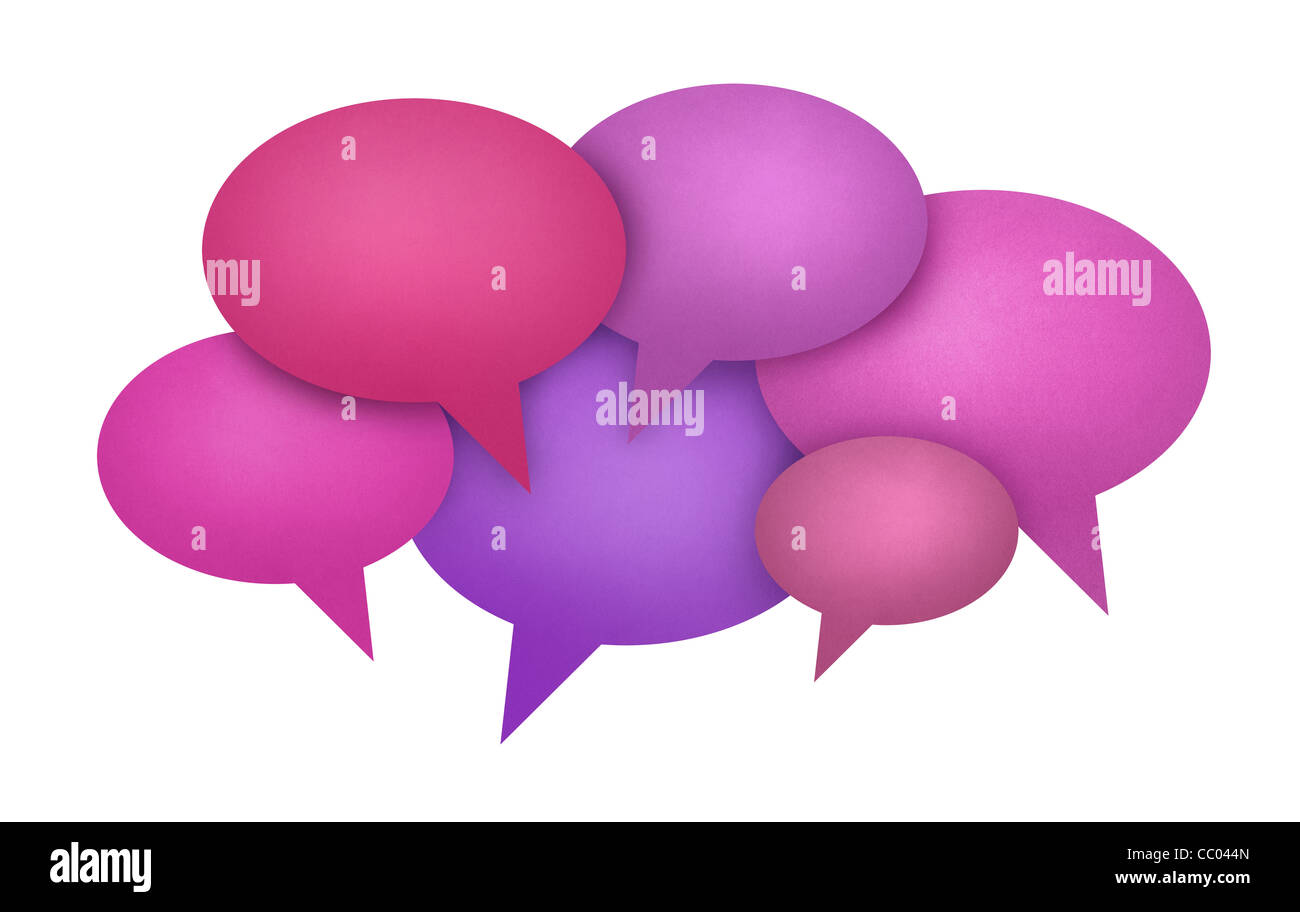 Concept image on communication theme with bright colored speech bubbles. Isolated on white. Stock Photo