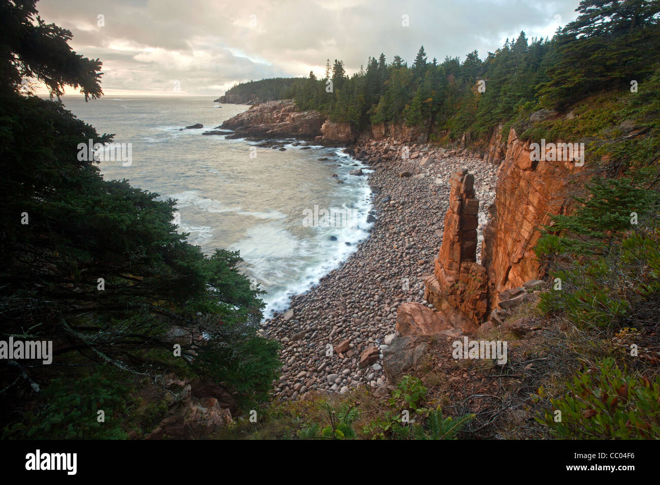 Rock spire in Monument Cove at Acadia National Park, Maine, USA Stock Photo