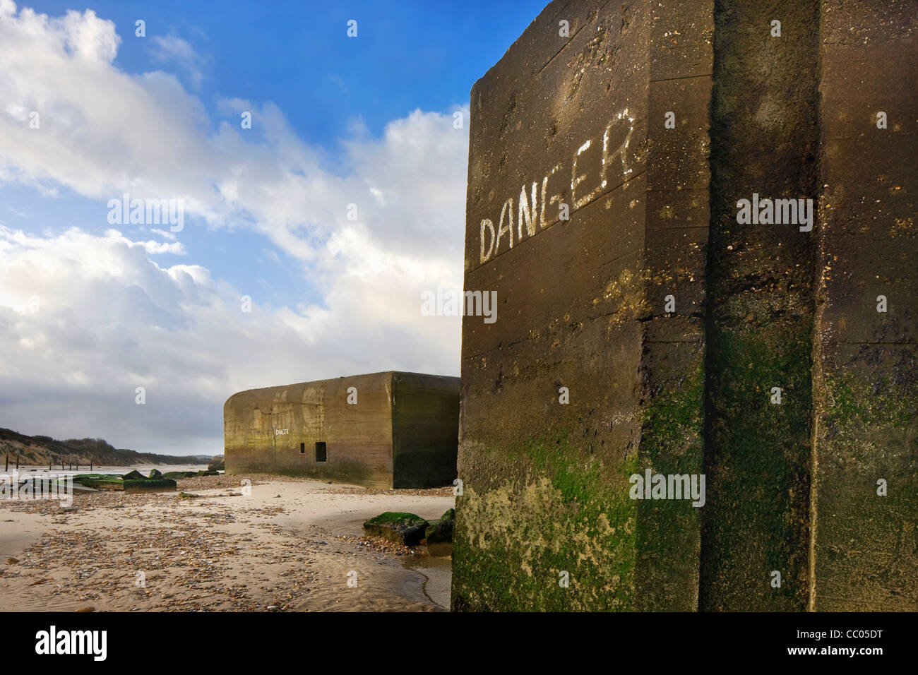 World War II concrete blockhouses on beach at Wissant, Nord-Pas de Calais, France Stock Photo