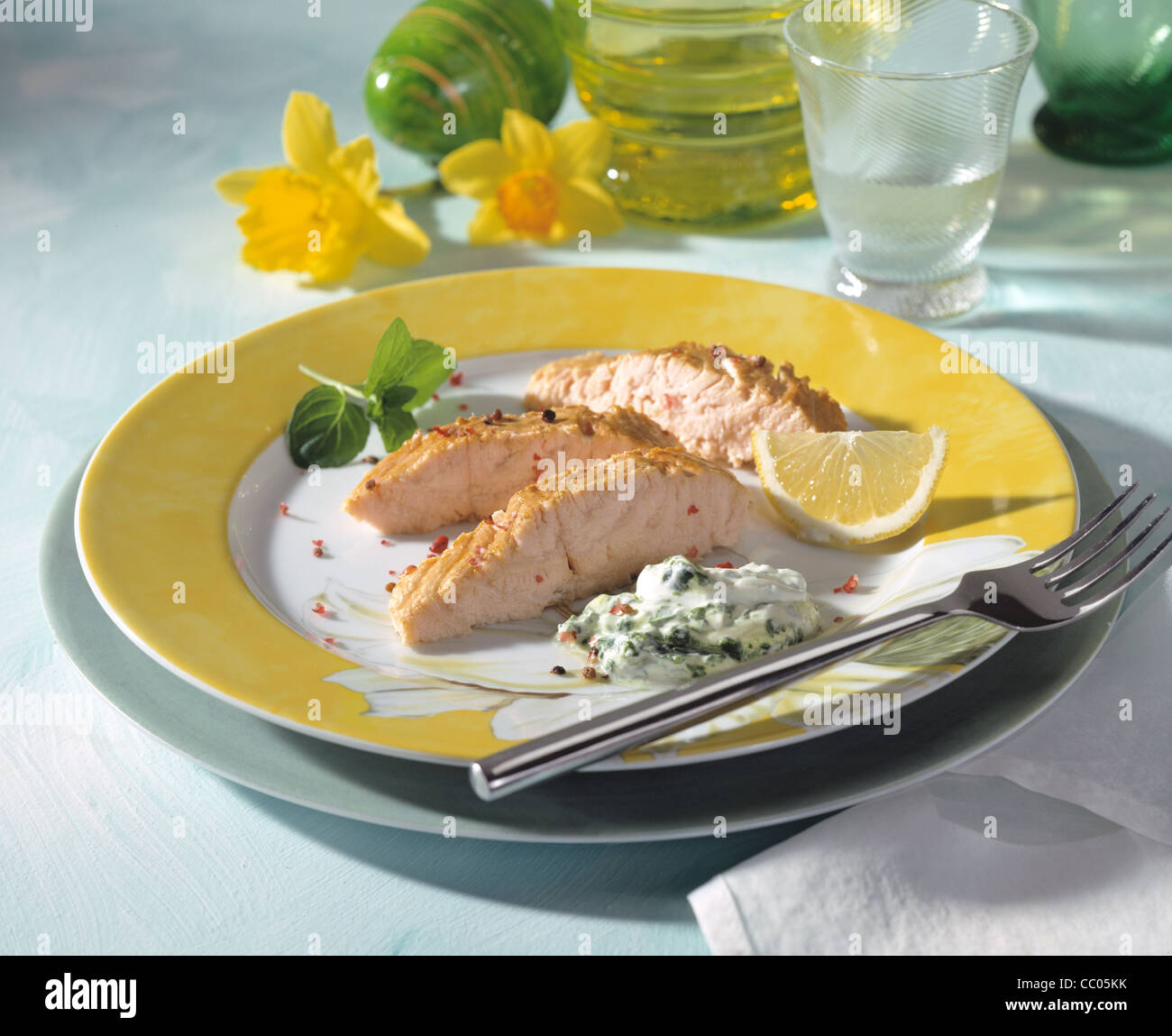Smoked salmon with spinach cream Stock Photo - Alamy