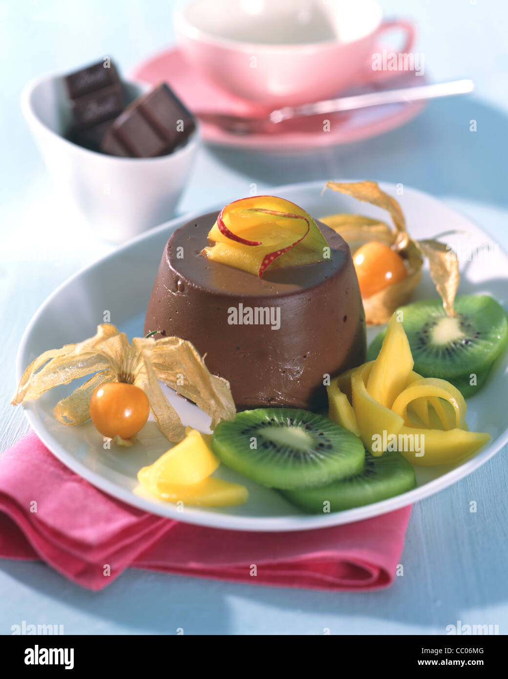 Almond chocolate dessert with exotic fruits Stock Photo Alamy