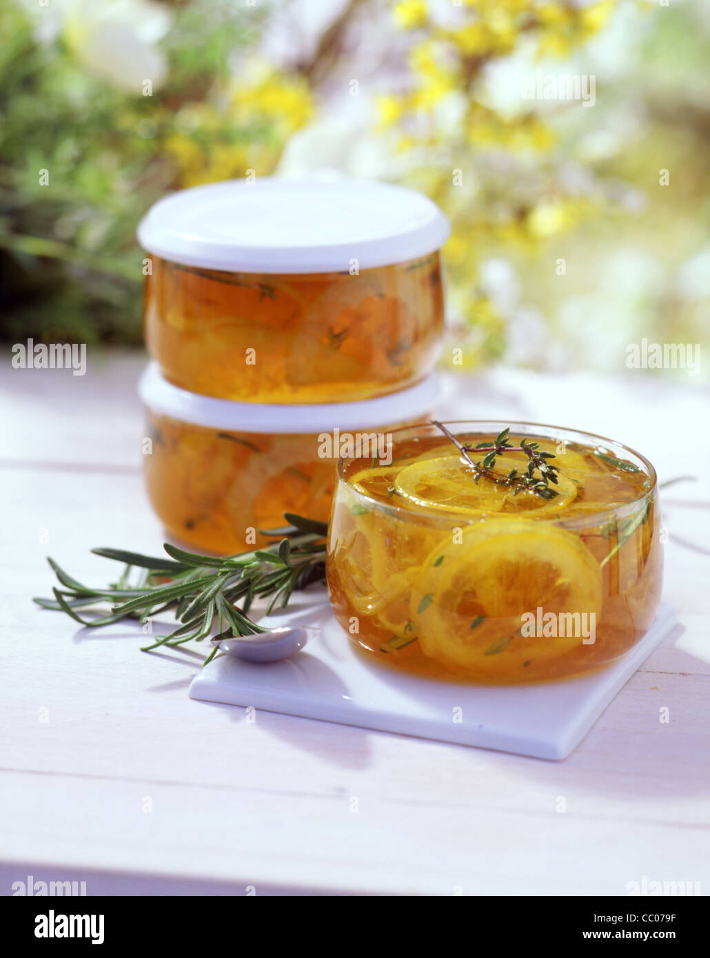 Easter brunch Lemon orange jelly with thyme and rosemary Stock