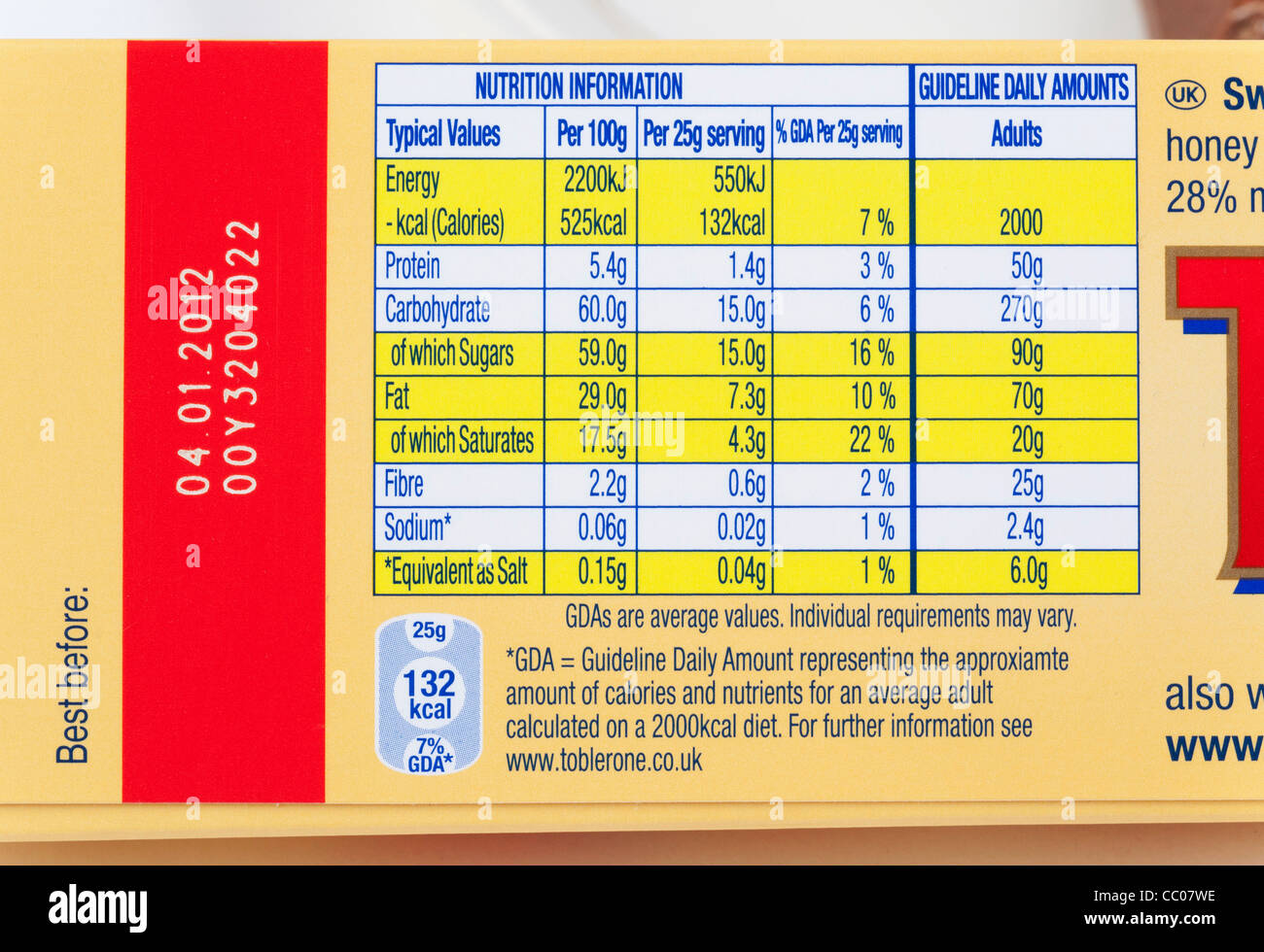 nutritional content of Toblerone chocolate bar Stock Photo