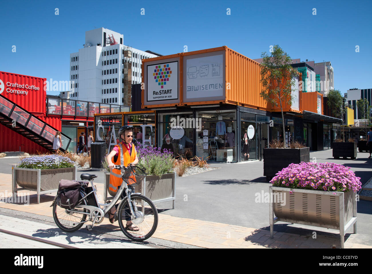 Shopping mall made from shipping containers in central Christchurch New Zealand. Stock Photo