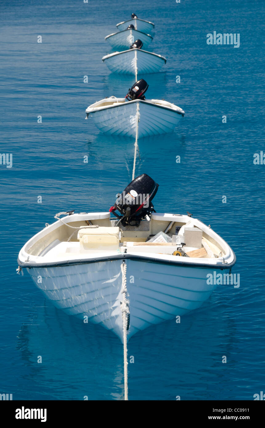 A line of small dories strung behind a larger boat on the water of Swains Reef on Australia's Great Barrier Reef. Stock Photo