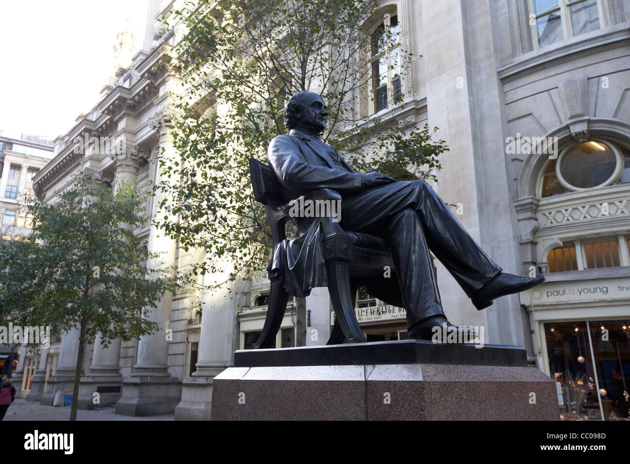 George Peabody statue at the rear of the royal exchange city of London England UK United kingdom Stock Photo
