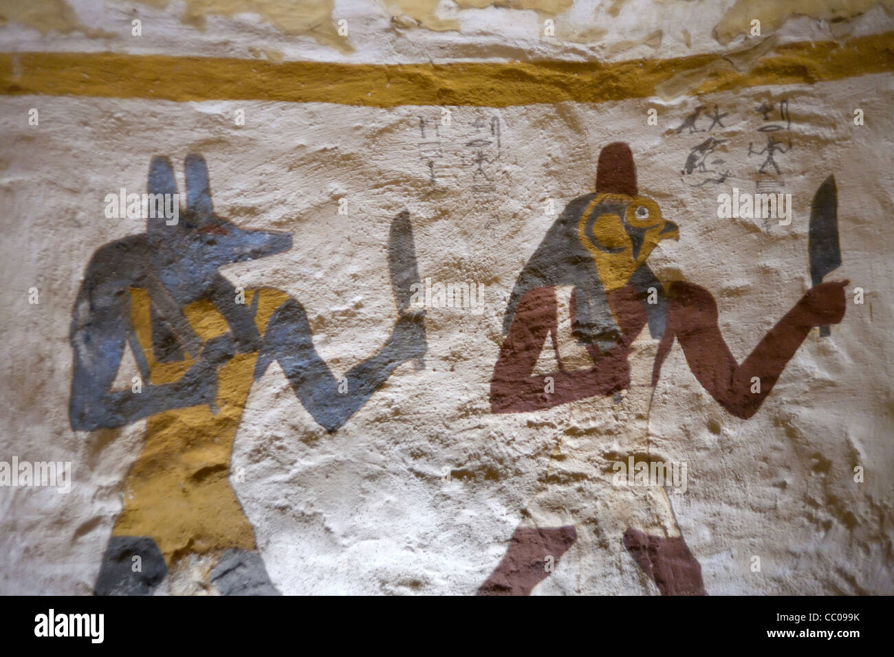 Decorated walls in The tomb of Zed Amun ef ankh sited in Qarat Qasr Salim village of Bawiti, Bahariya Oasis Egypt. Stock Photo