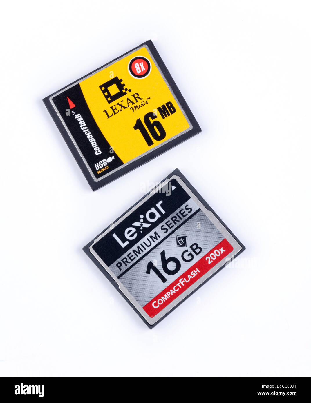 old and new Lexar CF memory cards demonstrating Moore's Law Stock Photo