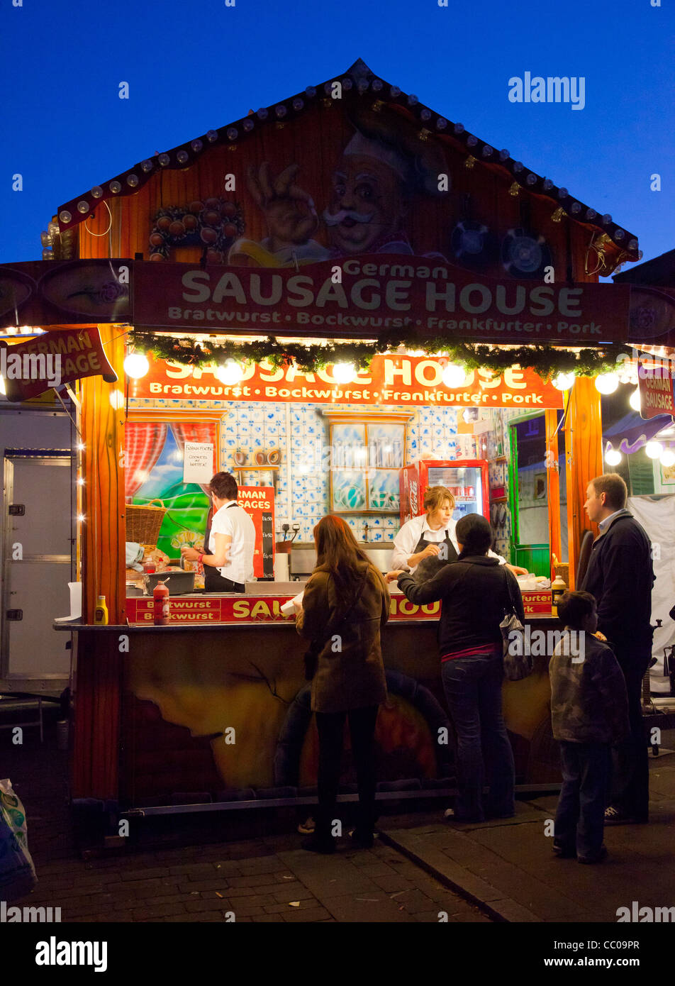 fast food stall selling sausages at Bury St Edmunds Christmas market in 2011 Stock Photo