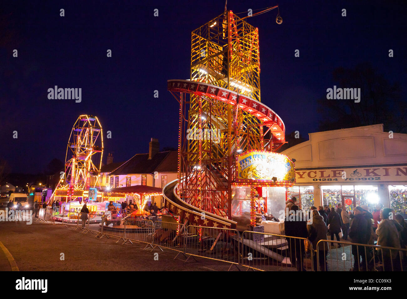 funfair at night in Bury St Edmunds, Suffolk UK Stock Photo