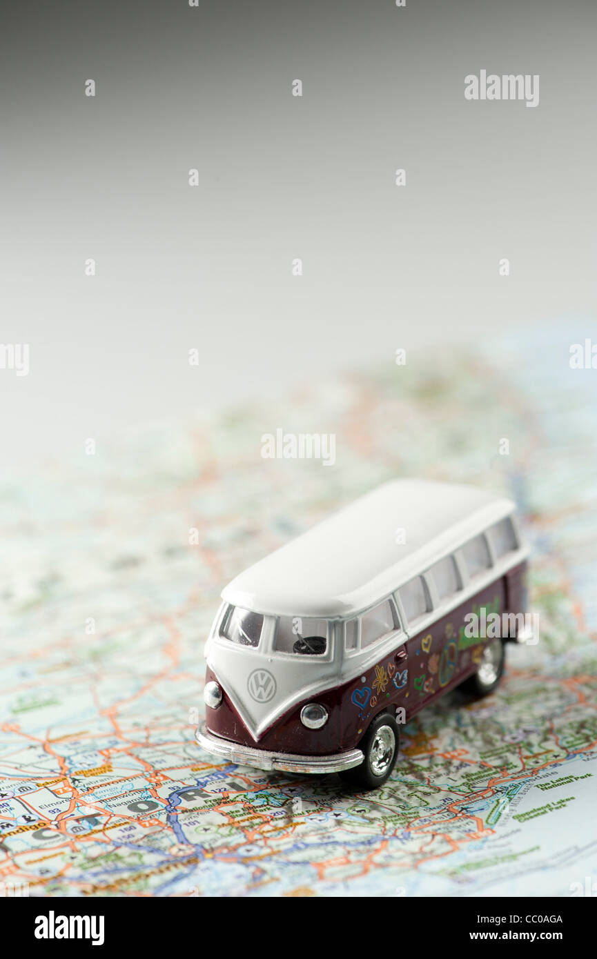 miniature VW volkswagen camper van on a map of Australia Stock Photo