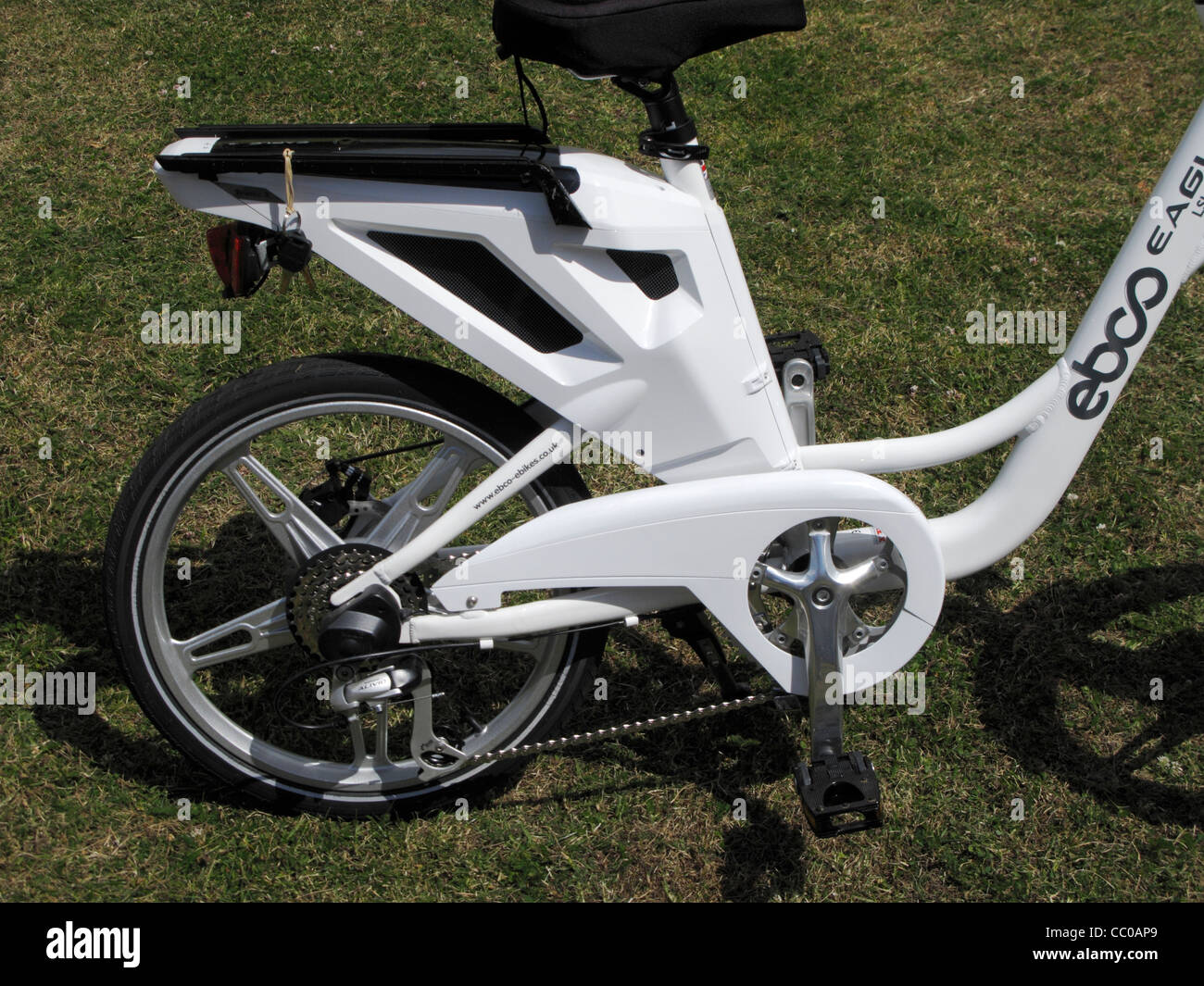 Closeup of the battery pack and motor of a shopper type electric bike with rear suspension Stock Photo
