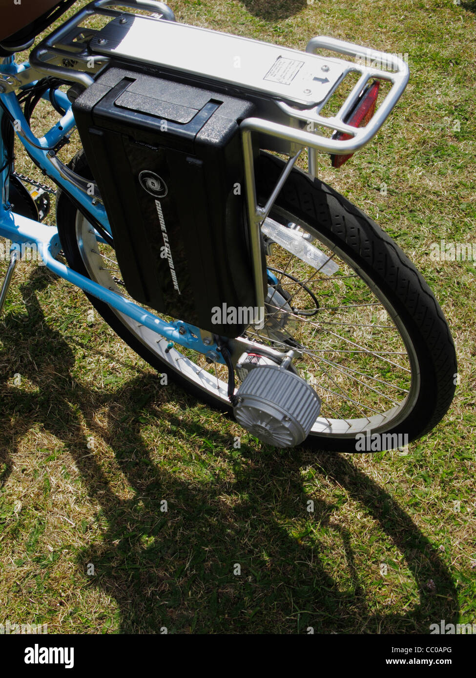 Closeup of the battery pack and motor of a budget electric bike conversion kit on a standard bicycle Stock Photo