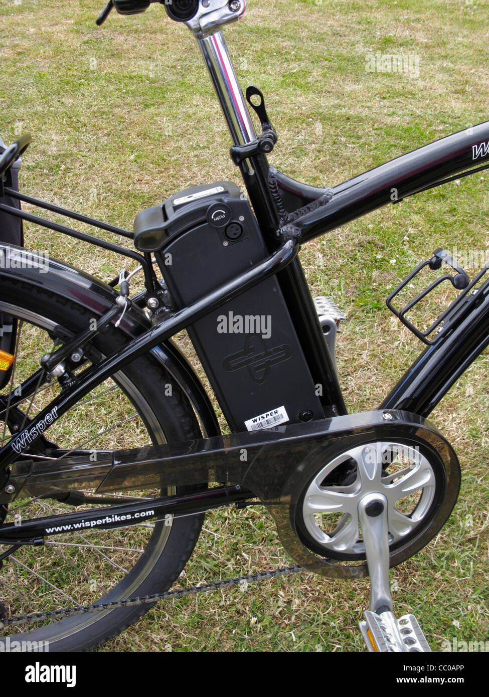 Closeup of battery pack of a high quality electric bike selling for about £1500 Stock Photo