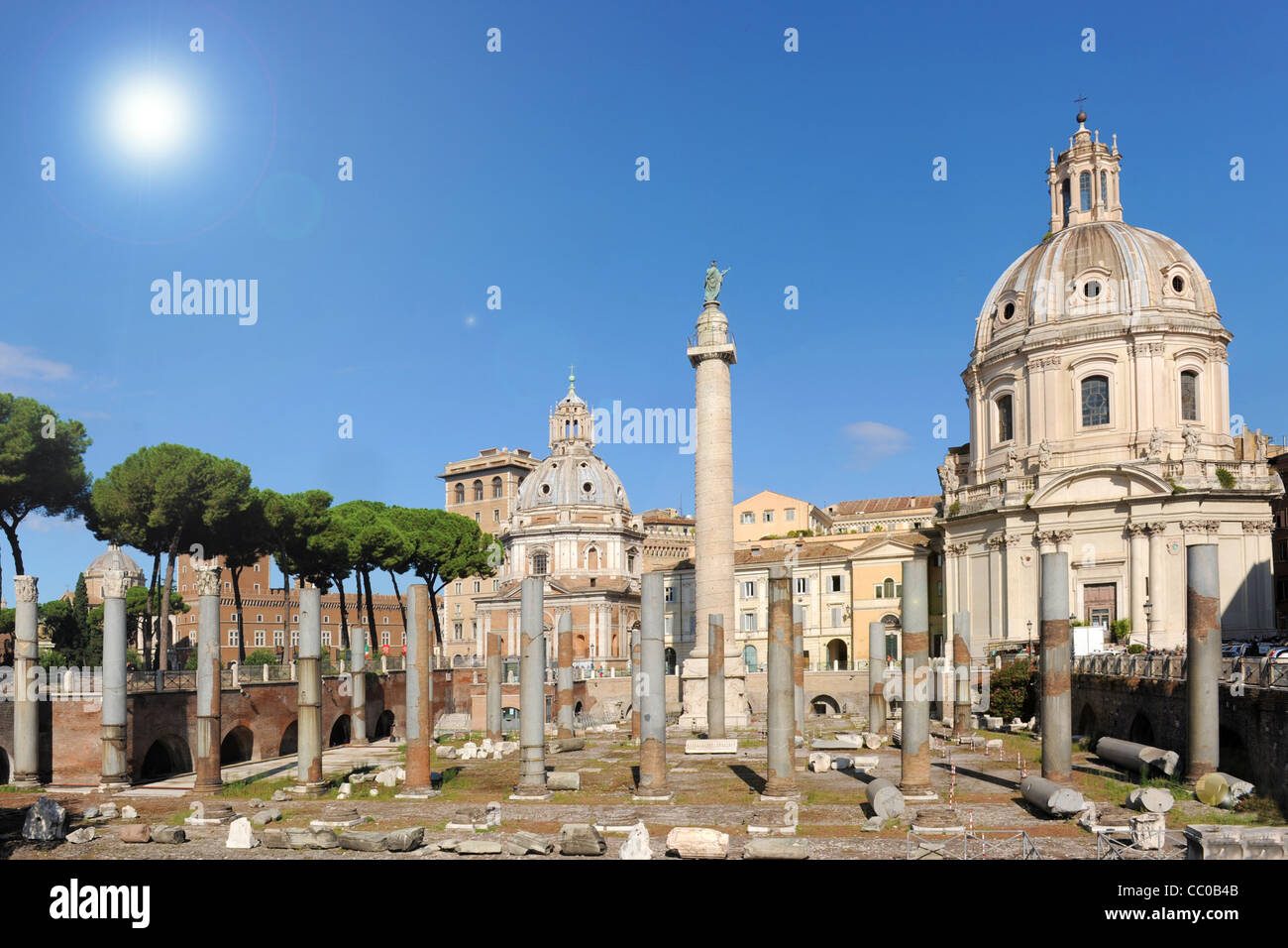 Trajan's Forum (Forum Traiani) with Trajan's Column and Santa Maria di Loreto church on background. Trajan's Forum is an ancient Stock Photo