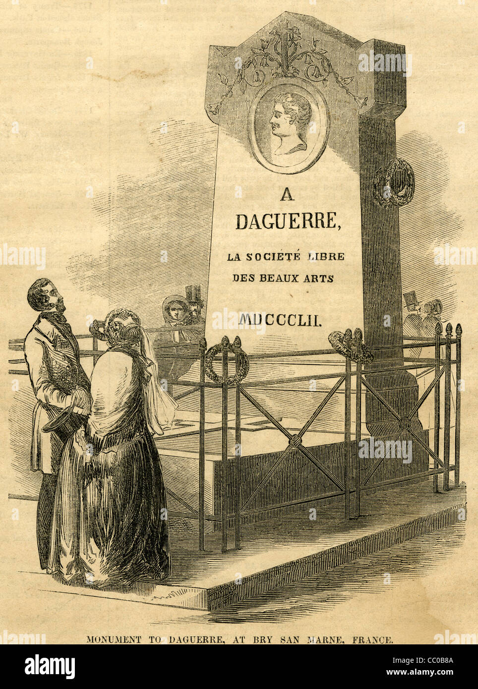 1854 engraving, Monument to Louis Daguerre at Brysur