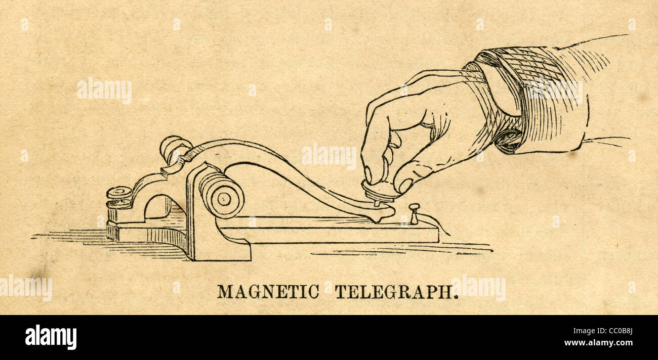 1854 engraving, Magnetic (or, Electric) Telegraph transmitter key. Stock Photo