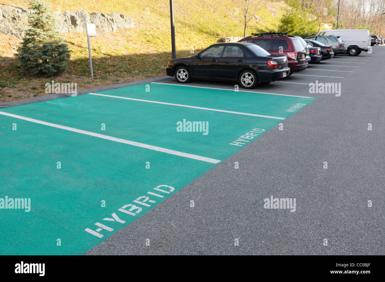 Preferred parking spaces reserved for hybrid gas-electric cars at an eco-friendly hotel in Massachusetts Stock Photo