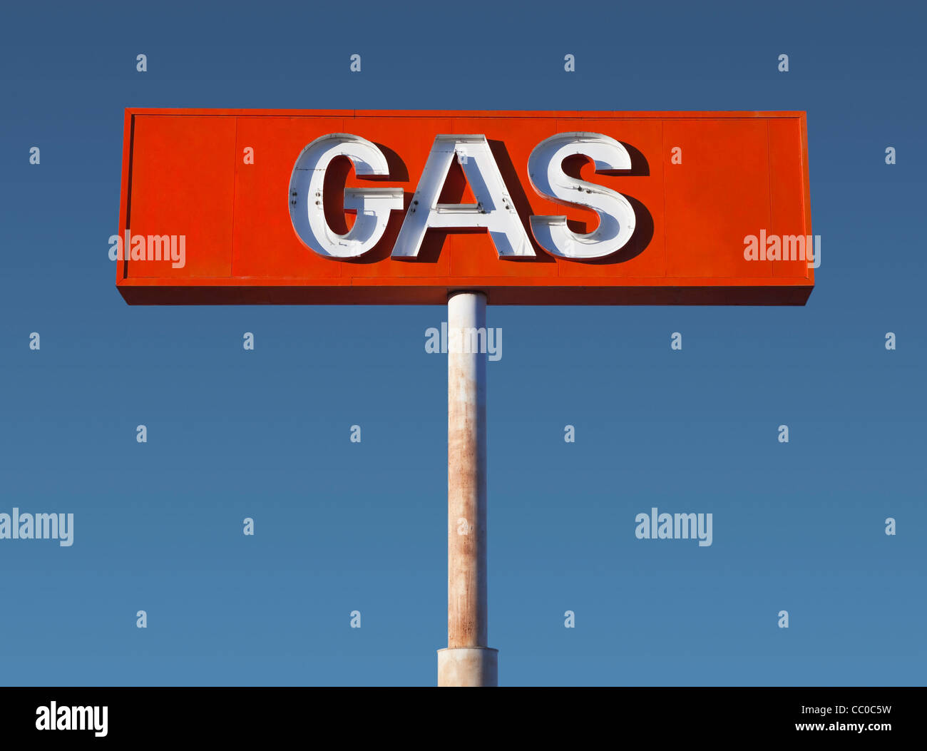 Vintage neon gas sign in California's Mojave Desert. Stock Photo