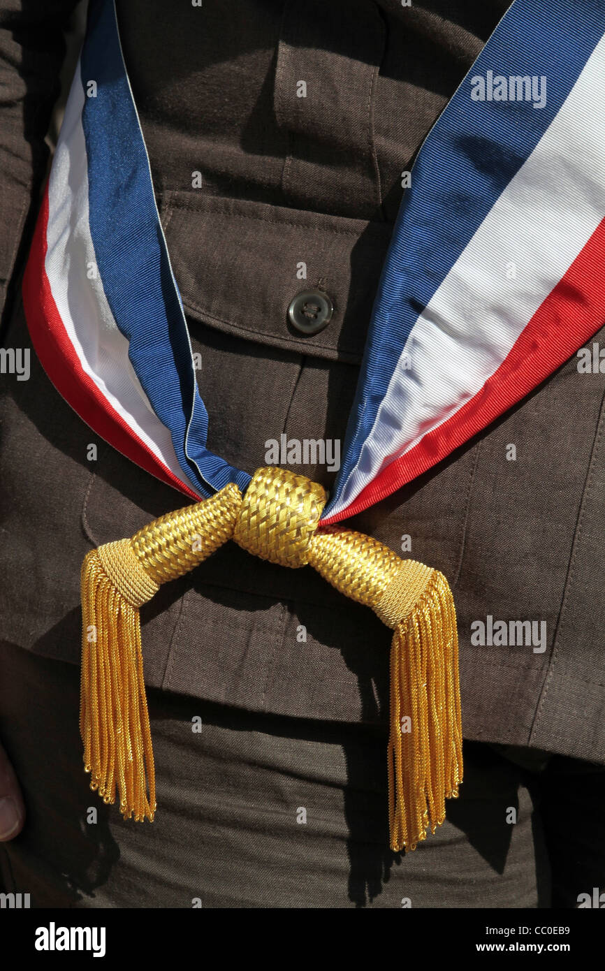 FRENCH TRI-COLOR SCARF, SYMBOL, MAYOR, ELECTED OFFICIAL Stock Photo