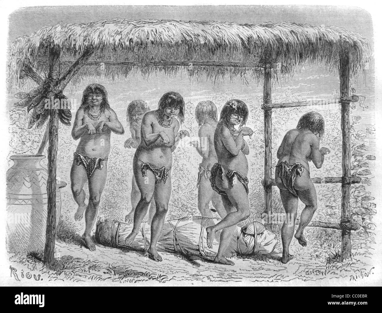 Burial, Funeral or Funerary Dance of Native American Indians or Indigenous Natives, Costa Rica, Central America, 1864 Engraving Stock Photo