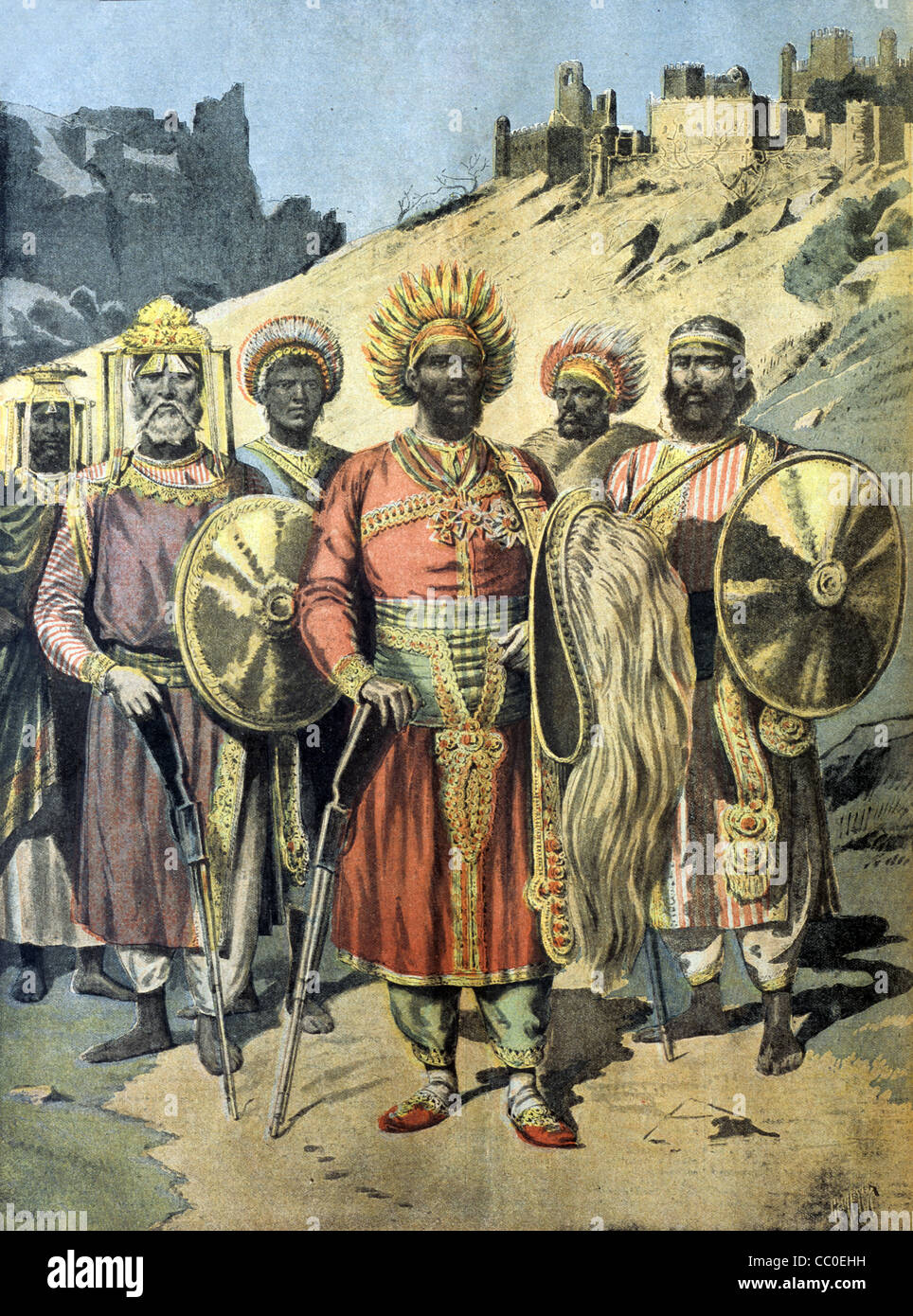 Menelik II (1844-1913) Emperor of Ethiopia (Abyssinia) with his Royal Guard, Soldiers or Courtiers, c19th Engraving Stock Photo