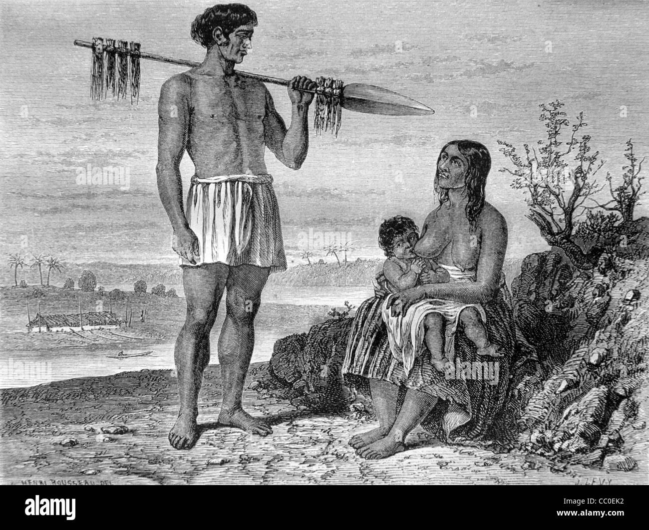 Family of Native American Guarani Indians, Hunter Man with Speed and Woman or Mother with Child, Paraguay, South America. 1868 Engraving or Vintage Illustration Stock Photo